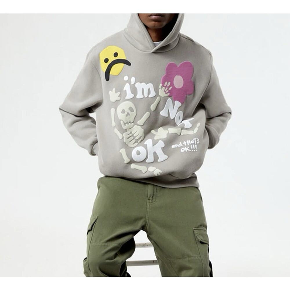 Pacsun Hoodie I AM NOT OKAY Grey Pullover Pockets Casual Skate Unisex Size MED